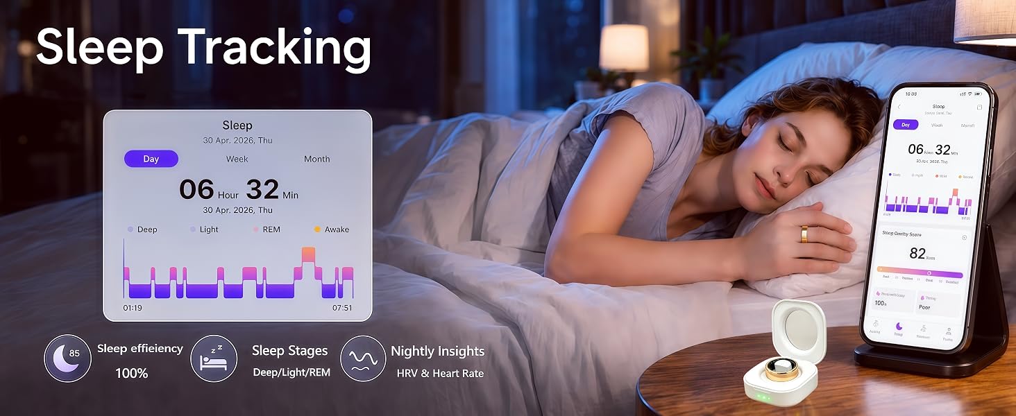 24/7 Sleep Monitor - Auto-logs sleep stages: deep, light, REM, and wake times