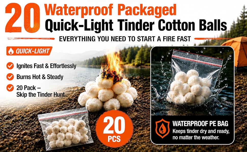 COMPLETE FIRE STARTING KIT: 20 Quick-Light Tinder Balls, Fast Ignition, Waterproof PE Bag