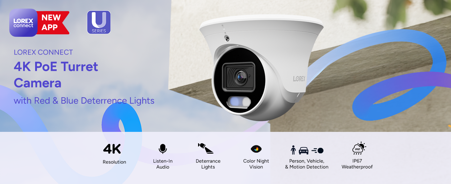 Lorex Connect U3 4K PoE Turret Camera with Red and Blue Deterrence Lights