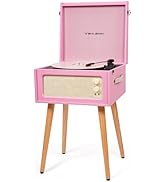 Vintage Standing Pink Vinyl Record Player with Detachable Legs, Built-in 4 Speakers, USB to PC En...