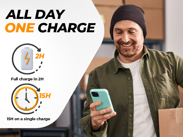 All Day, One Charge: Full charge in 2H, 15H on a single charge.