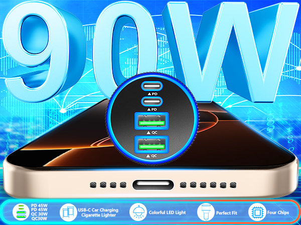 MFi Certified 4-Port 90W USB-C/USB-A Power Cigarette Lighter PD/QC USB-C Car Charger for iPhone 16