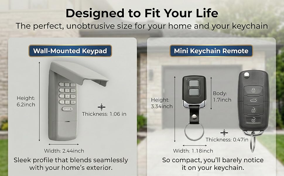 Dimensions of wall-mounted garage keypad and mini keychain remote