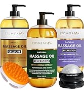 Cellulite, Sore Muscle &amp; Lavender Relaxation Massage oils with Roller Massage Ball and Massager Mitt