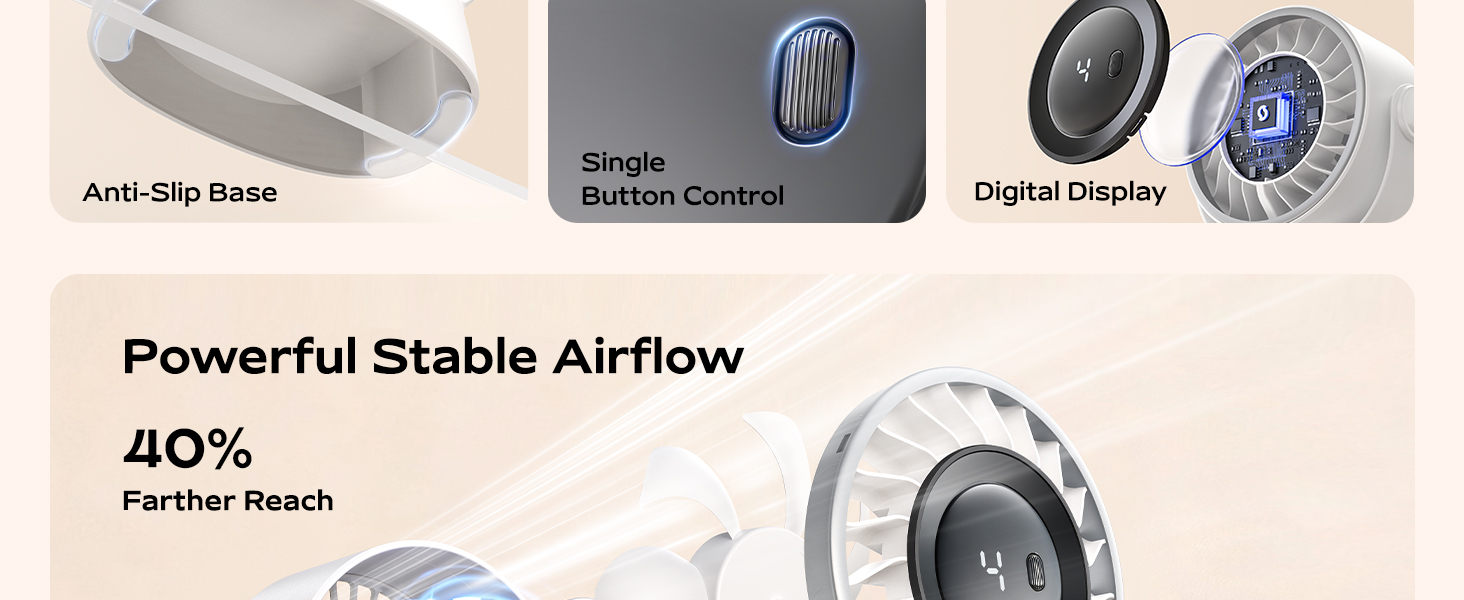 Text reads 'Powerful Stable Airflow', '40%', 'Anti-Slip Base', 'Brush Roller Cutting', 'Digital Display', 'Farther Reach'. Product feature diagram showing technical specifications.