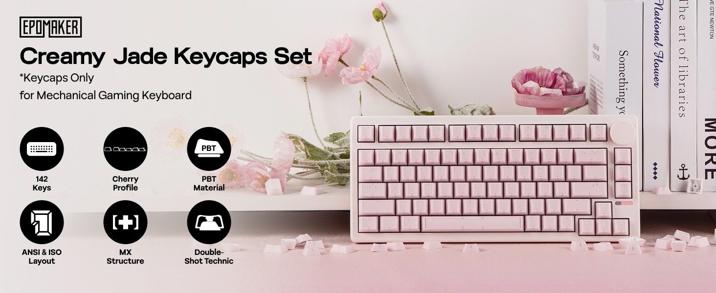 Text reads 'Creamy Jade Keycaps Set'. Multiple photographs showing beige-colored keyboard keycaps with soft, rounded edges in different angles.