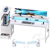DUMOS L Shaped Gaming Desk with Shelves Storage Drawers 59'', White Computer Desks with LED Light...