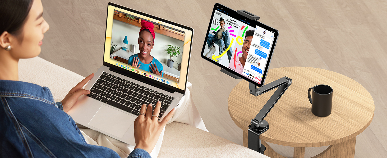 Text reads 'RAPIDO Y CONVENIENTE', 'FLEXIBLE DE PRENSA DE ELECCION'. Multiple views of a white box-like device shown on desk with laptop in background.