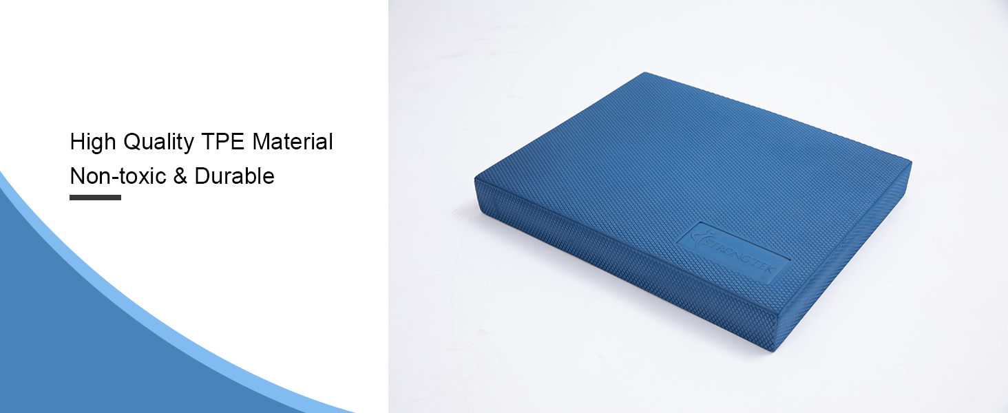 Blue square cushion or pad with textured surface. Text indicates it's made of high-quality TPE material and is non-toxic and durable.