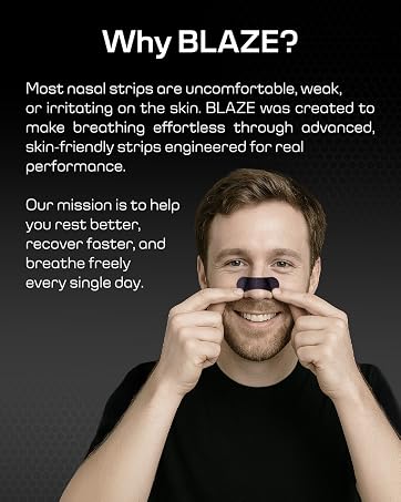 Smiling man applying BLAZE Nasal Strip, highlighting comfort and effortless breathing