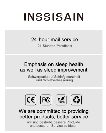 Product information panel for INSSISAIN featuring 24-hour mail service, sleep health emphasis, and certification symbols including CE, FCC, and recycling marks.