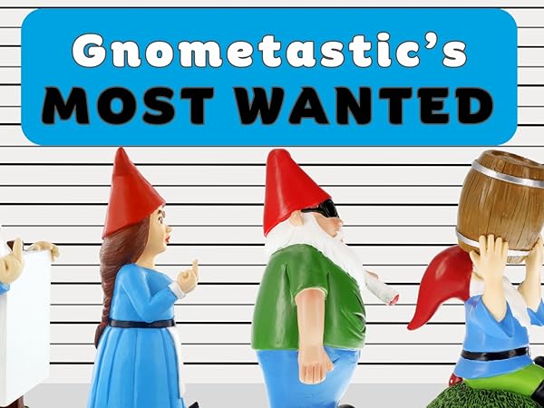 Gnometastic Gnomes Most Wanted line-up of naughty, rude and funny garden gnomes