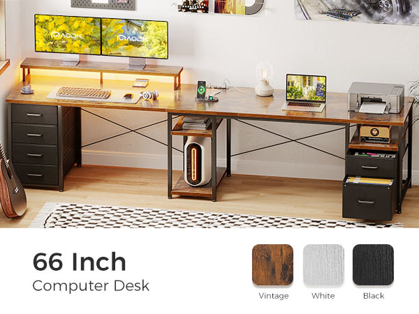 AODK 66" L Shaped Computer Desk with Drawers, 113" Reversible Home Office Desk