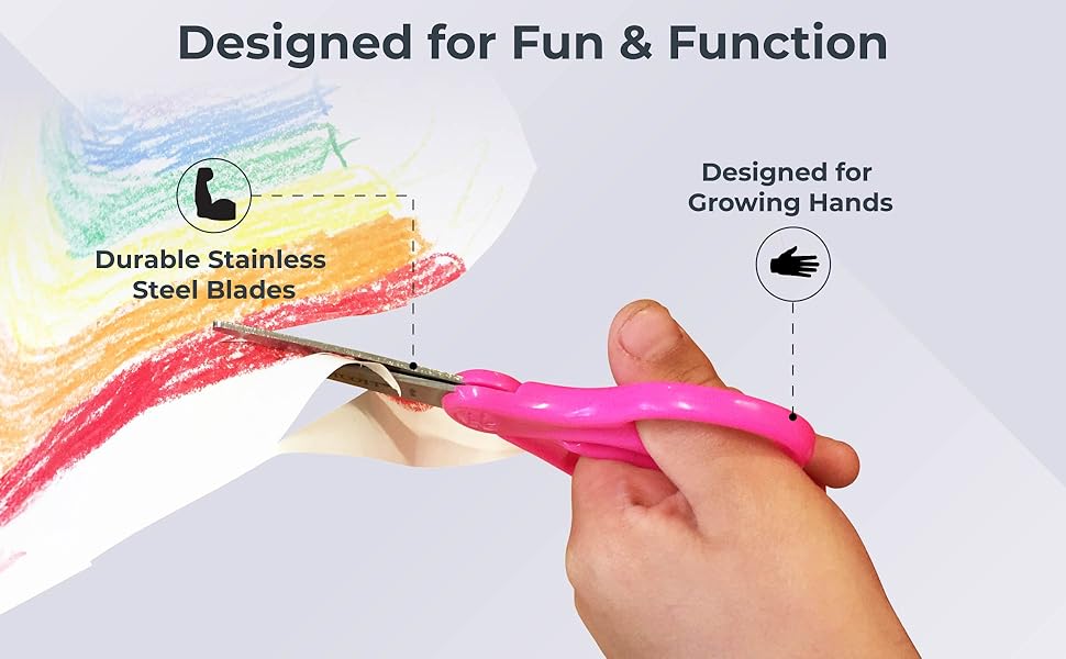 Image of kids scissors cutting through paper with text reading designed for fun and function.