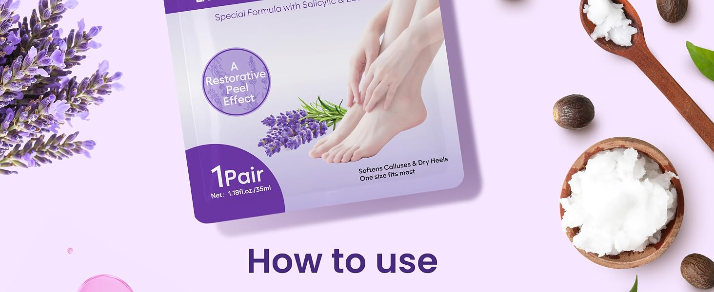 Text reads '1pall' and 'How to use'. Lavender-scented foot peel mask product displayed with lavender sprigs, coconut bowl, and chocolate pieces on pink background showing product packaging and application.
