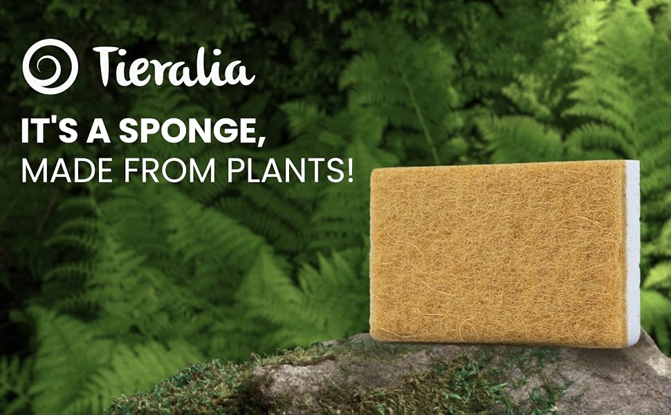 Tieralia plant-based sponge made from wood cellulose and sisal, displayed on a forest background.