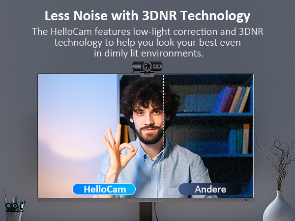 Using HelloCam video, automatic fill light and noise reduction