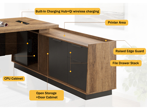 Luxury L Shaped Office Desk with Charging Station &amp;amp; Wireless Charger