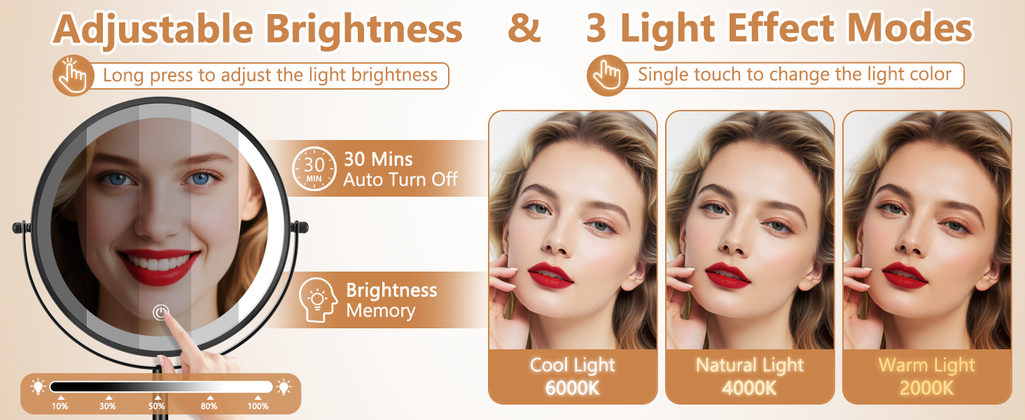 3 color dimmable makeup miror