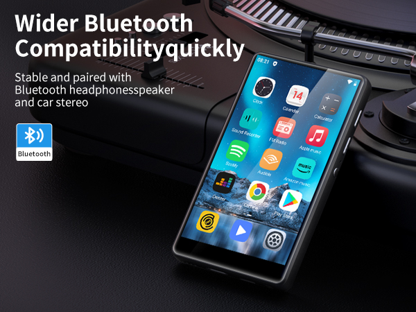 Smartphone displaying app icons, next to text about wider Bluetooth compatibility. Icons for Bluetooth and car stereo visible. Device shown connected to various audio systems.