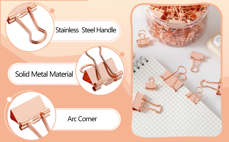 100-piece multi-size rose gold binder clips: solid metal, stainless steel handles, arc corners.