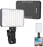 Portable LED light panel with 3 views: full panel, rear with specifications, and attached to smartphone. Features adjustable clip, textured back, and compact design for mobile photography.