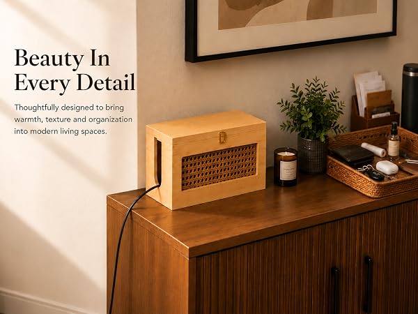 Elegant wooden cable management box styled on a modern console, blending naturally with home décor.