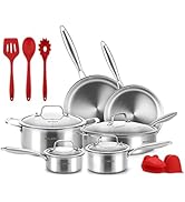 Delarlo Cookware Set of 14, Whole body Tri-Ply Stainless Steel Cookware Set, Heats quickly Cookwa...