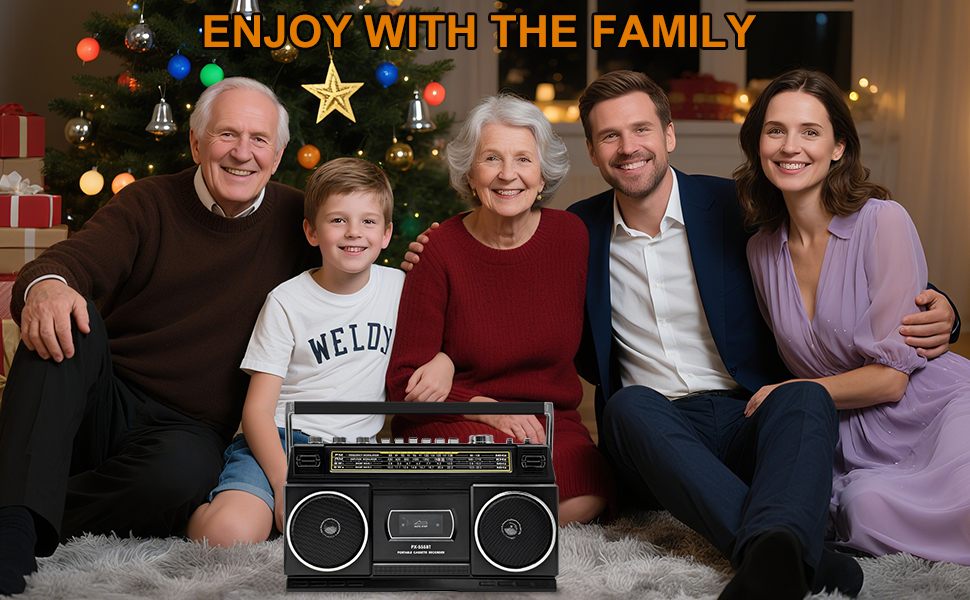 A vintage-style black boombox stereo sits on a furry rug in front of a decorated Christmas tree with colorful lights and a gold star topper.