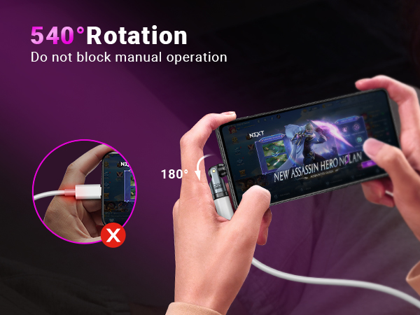 Smartphone gaming accessory demonstrating 540° rotation capability. Inset image shows manual operation, main image displays hands holding device with game on screen.