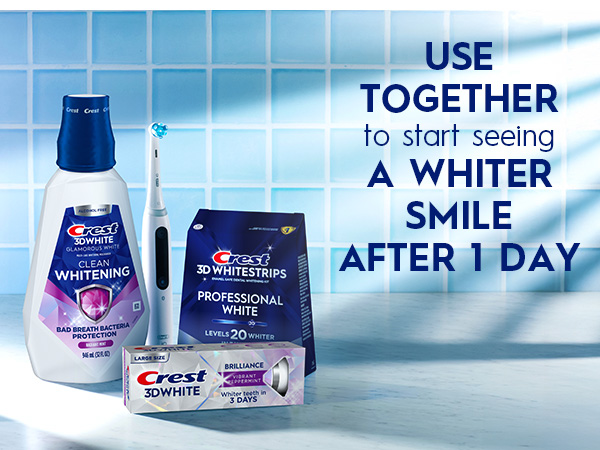 Crest 3DWhite oral care products on a bathroom counter. Use together for a whiter smile after 1 day.