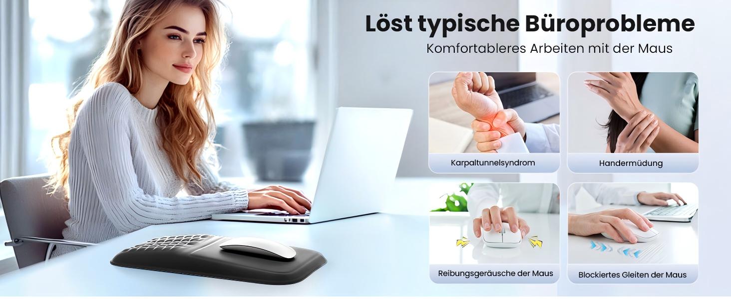 Text reads 'Löst typische Büroprobleme'. Office setting images showing various workplace scenarios and solutions.
