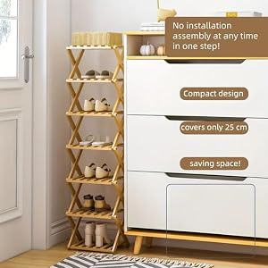 Text reads 'No installation', 'assembly all in one step!', 'Compact design', 'covers only 25 cm', 'saving space!'. Shows wooden shoe rack system against white wall in various stages of use.