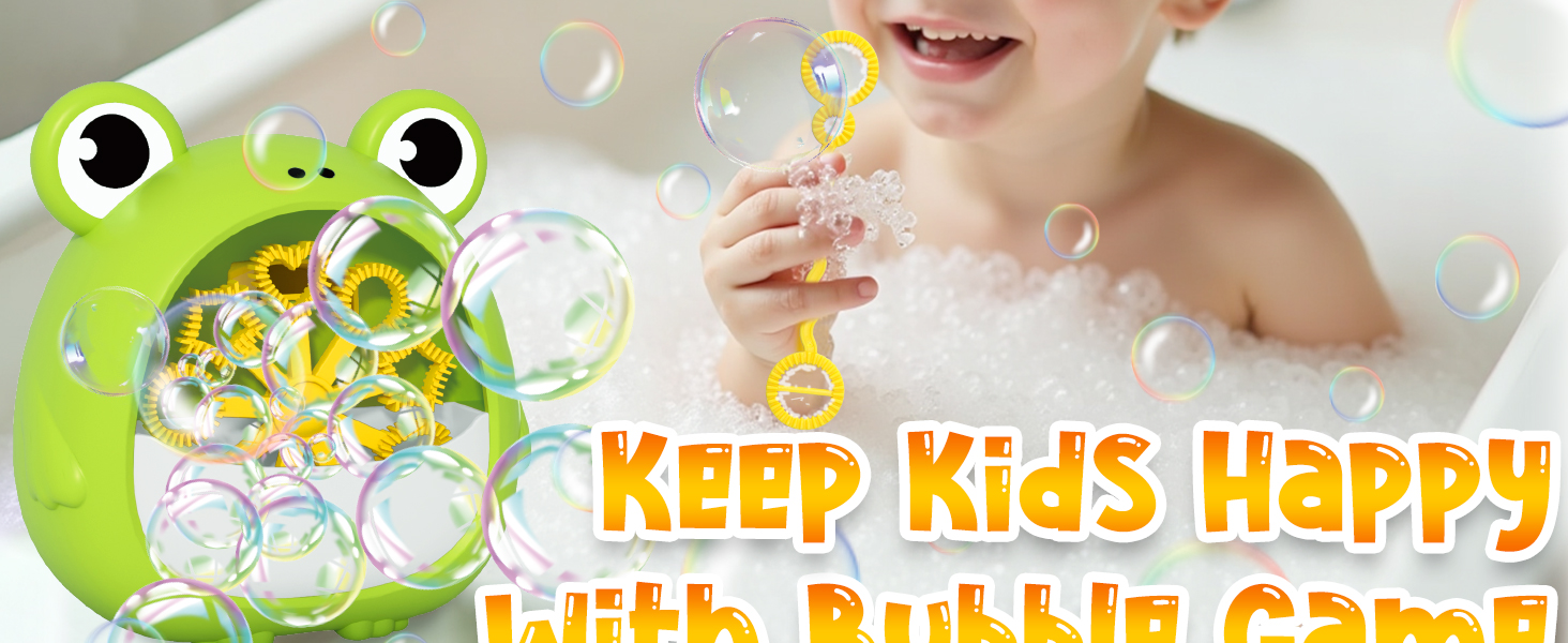 Green frog-shaped bubble machine with large eyes, producing bubbles. Partially visible child in a bathtub with text overlay about keeping kids happy with bubble games.