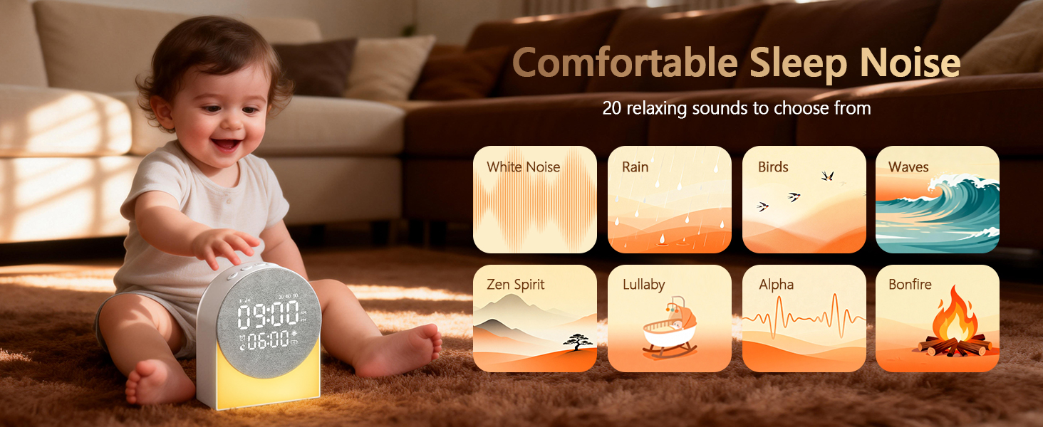 Text reads 'Comfortable Sleep Noise'. Collection of illuminated night light devices showing various animal-themed designs casting soft ambient lighting.