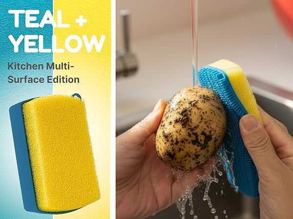 Teal yellow silicone sponge scrubbing dirty potato under running water in sink