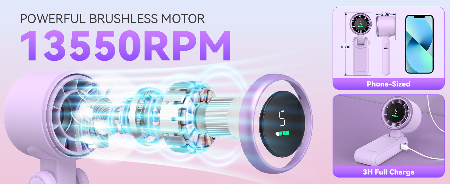 Powerful small fan brushless motor phone sized portable fan for travel compact purple travel fans