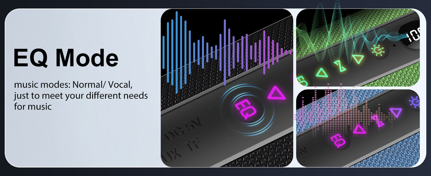 Text reads 'EQ Mode'. Series of interface screens showing audio waveforms and equalizer settings with green and blue visual elements against dark backgrounds.