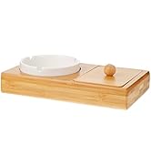Lucklybestseller Ceramic Ashtray and Cigarette Lighter Storage Box with Lid Cover, Bamboo Ash Tra...