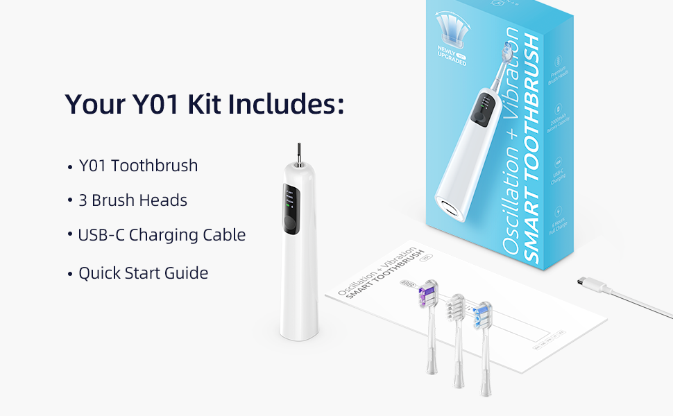 Text reads 'Your Y01 Kit Includes: Y01 Toothbrush, 3 Brush Heads, USB-C Charging Cable, Quick Start Guide'. Product package contents list with toothbrush illustration.