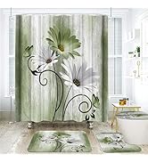 Onalasyc 4PCS Grass Green Daisy Flowers Butterfly Shower Curtain Set with Shower Curtain and Carp...