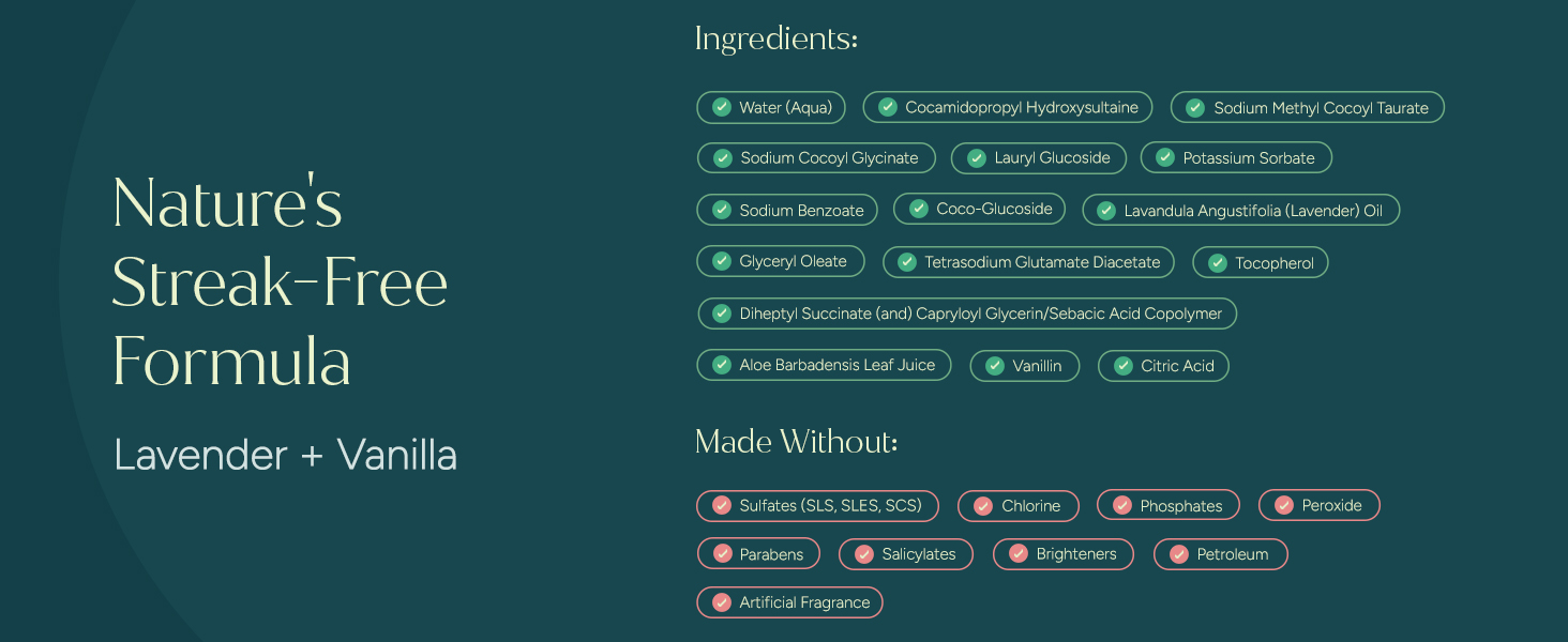 Puracy Lavender and Vanilla Gel Hand Soap plant-based ingredients and &amp;#34;Made Without&amp;#34; list.