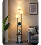 GOEBLESON Floor Lamp with Shelves, Modern Floor Lamp with 3 Linen Shades and Foot Switch, 3-Light...