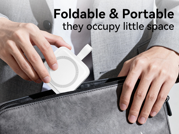 Text reads 'Foldable &amp; Portable' and 'they occupy little space.' White circular collapsible product being inserted into black zippered carrying case held by two hands.