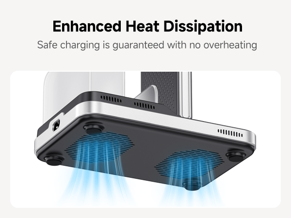 Phone charging device with dual cooling fans emitting blue light. Features enhanced heat dissipation for safe charging without overheating, as indicated by text above the image.