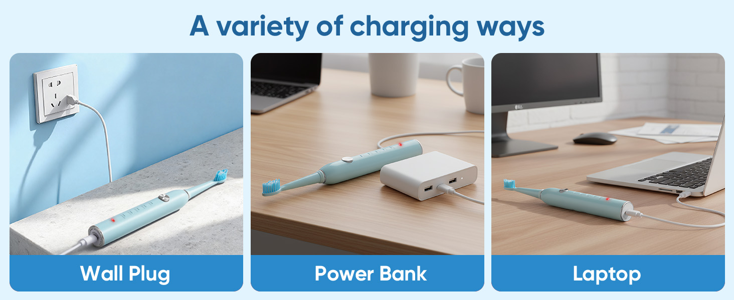 Text reads 'A variety of charging ways', 'Wall Plug', 'Power Bank', 'Laptop'. Technical diagram showing different charging connection options for a device.