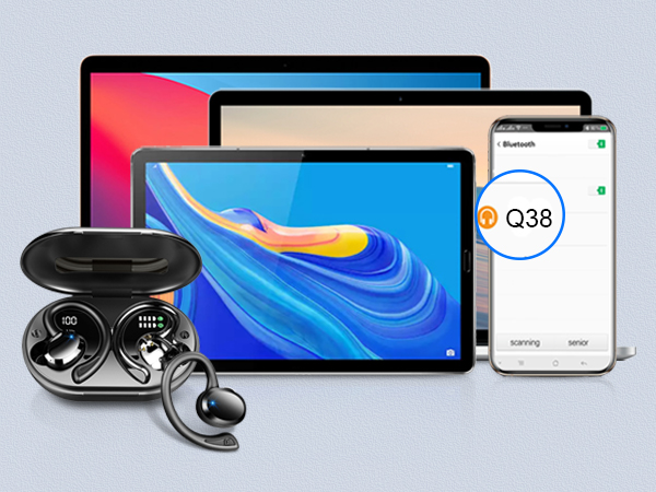 Collection of electronic devices including tablets, smartphone, and wireless earbuds with charging case, showcasing various screen displays and device designs.