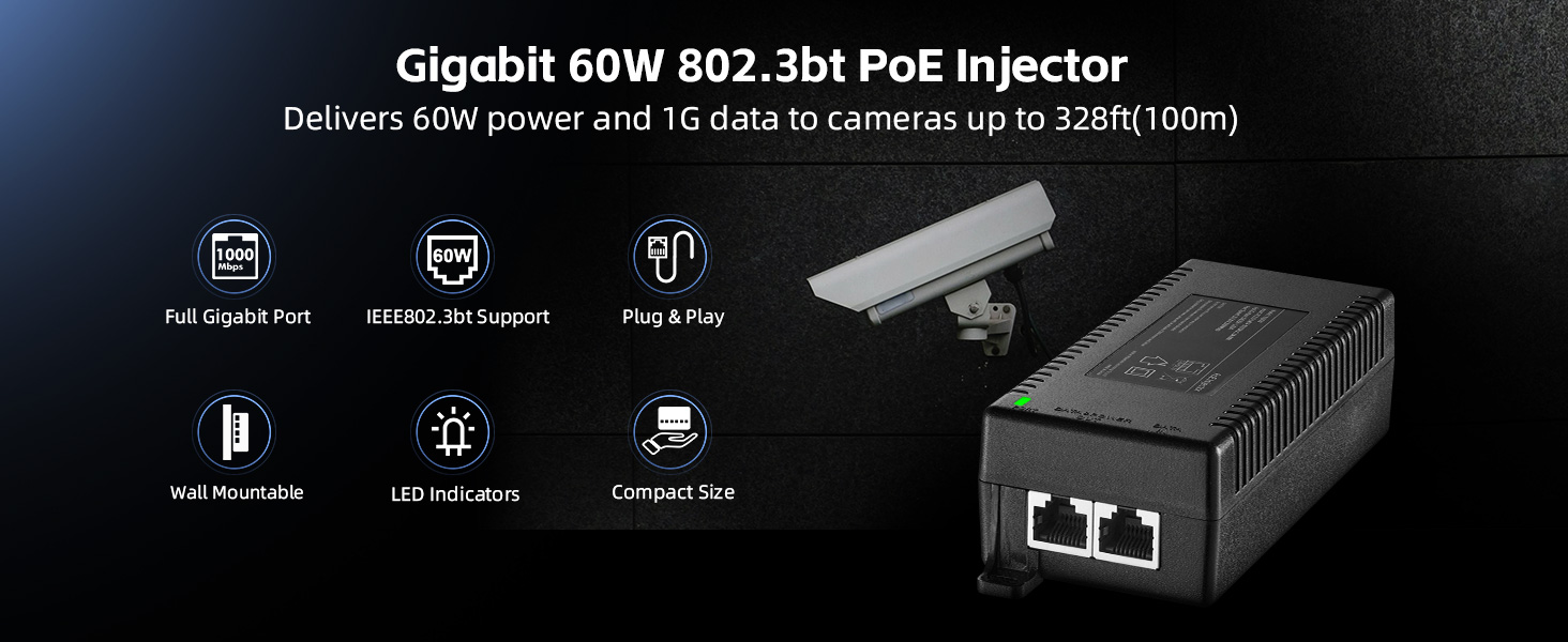 60W Gigabit PoE Injector