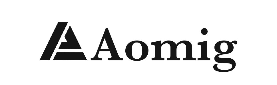Black text logo displaying 'Aomig' in a modern font style with distinctive angular 'A' design.