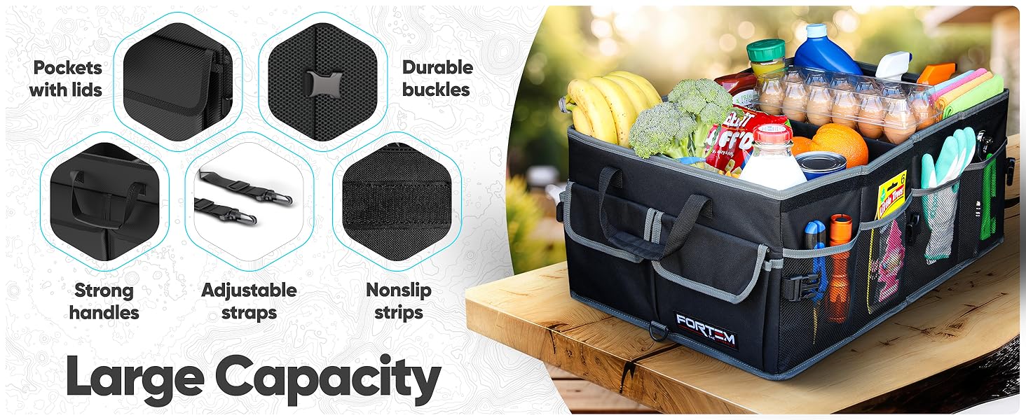 Trunk Organizer full of items, strong handles, non slip bottom, adjustable straps, side pockets